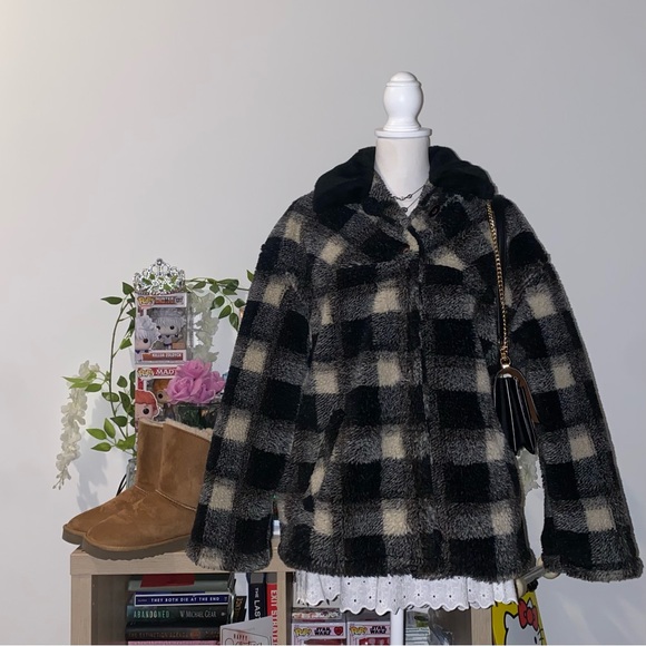 Velour County Jackets & Blazers - Velour County vintage style black and white plaid fuzzy button down coat